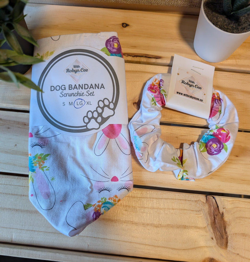 White Bunny Tie Up Dog Bandana Set (Large)