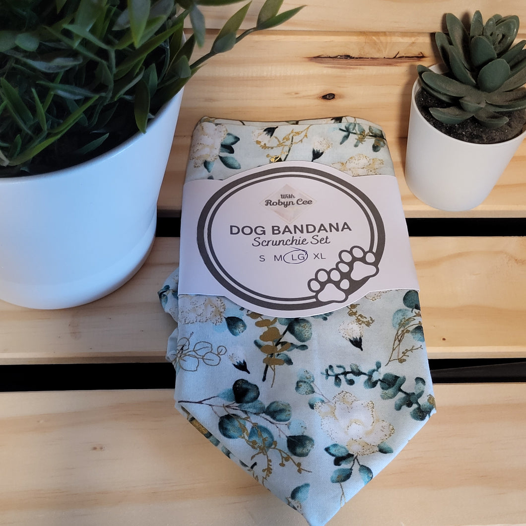 Green Florals Tie Up Dog Bandana Set (Large)