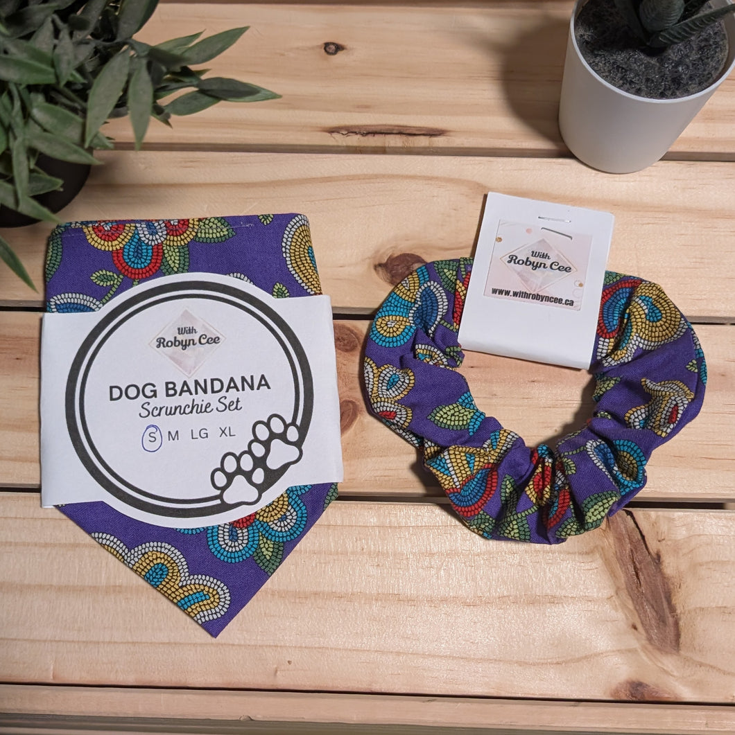 Purple Printed Tie Up Dog Bandana Set (Small)