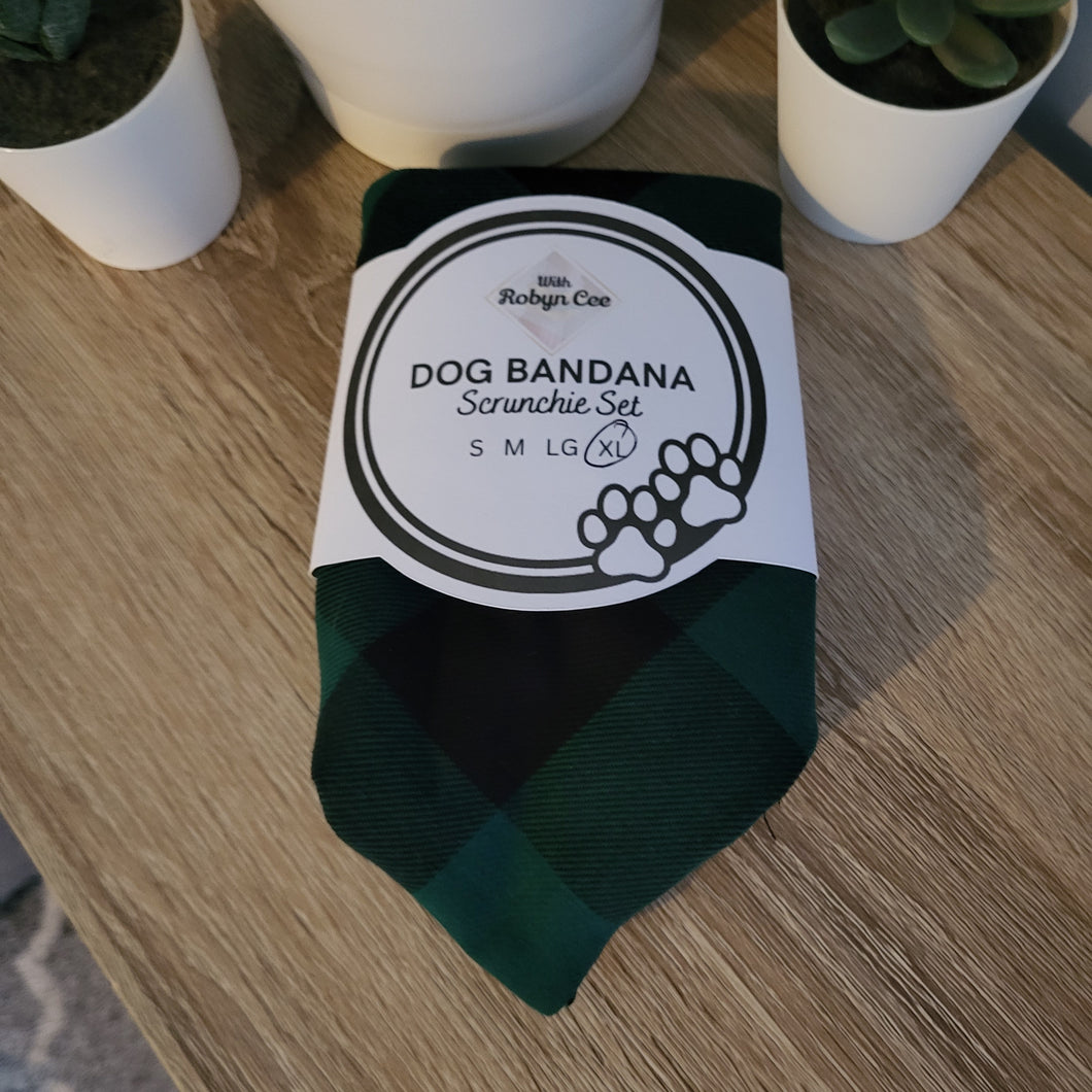 Green Plaid Tie Up Dog Bandana Set (Large)