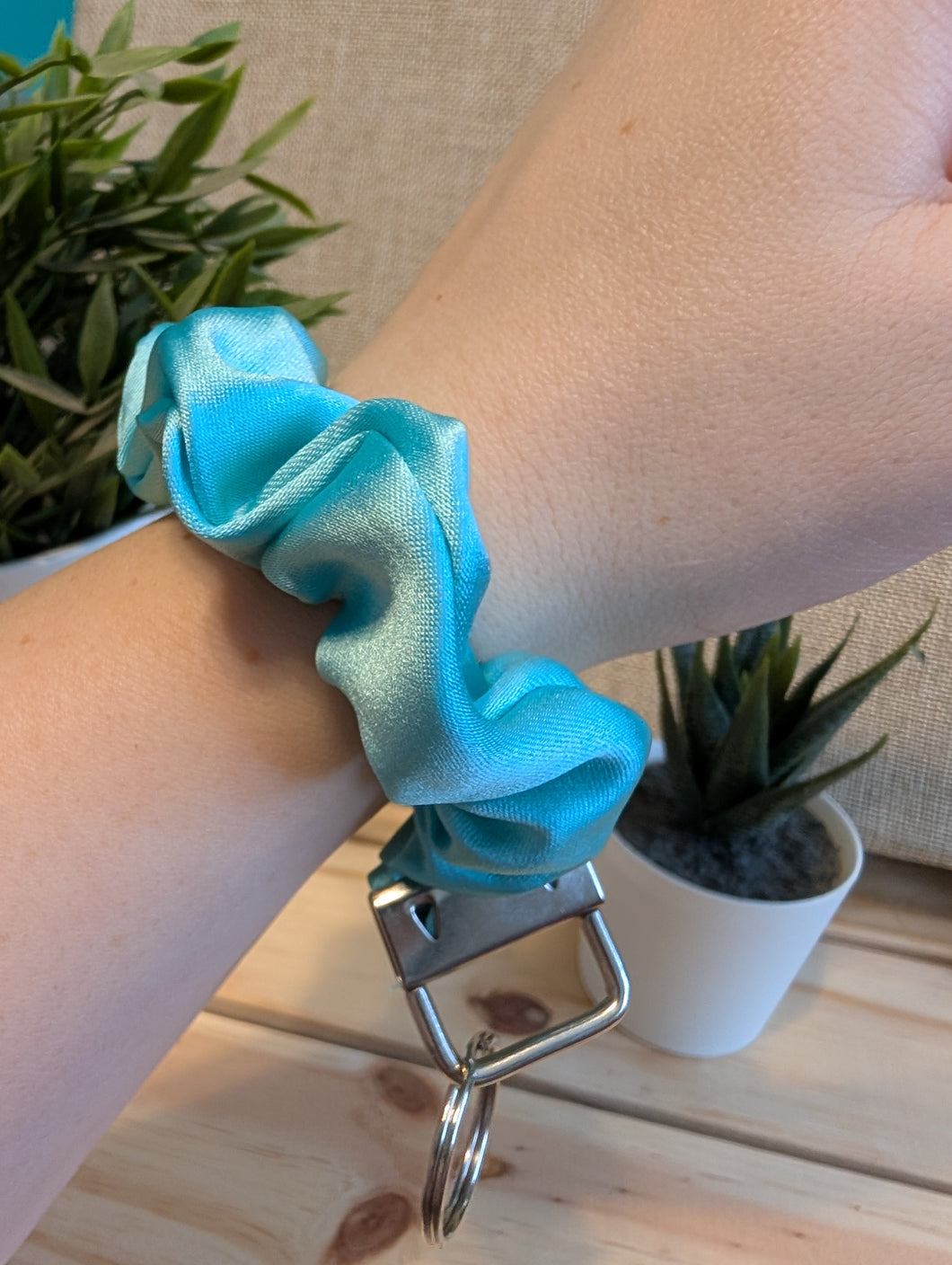 Turquoise Satin Key Chain Scrunchie