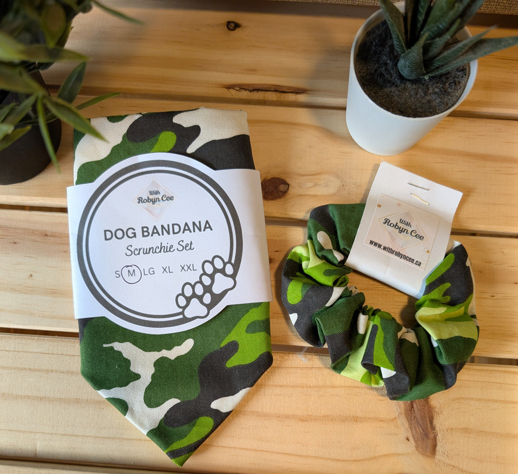 Green Camo Tie Up Dog Bandana Set (Medium)