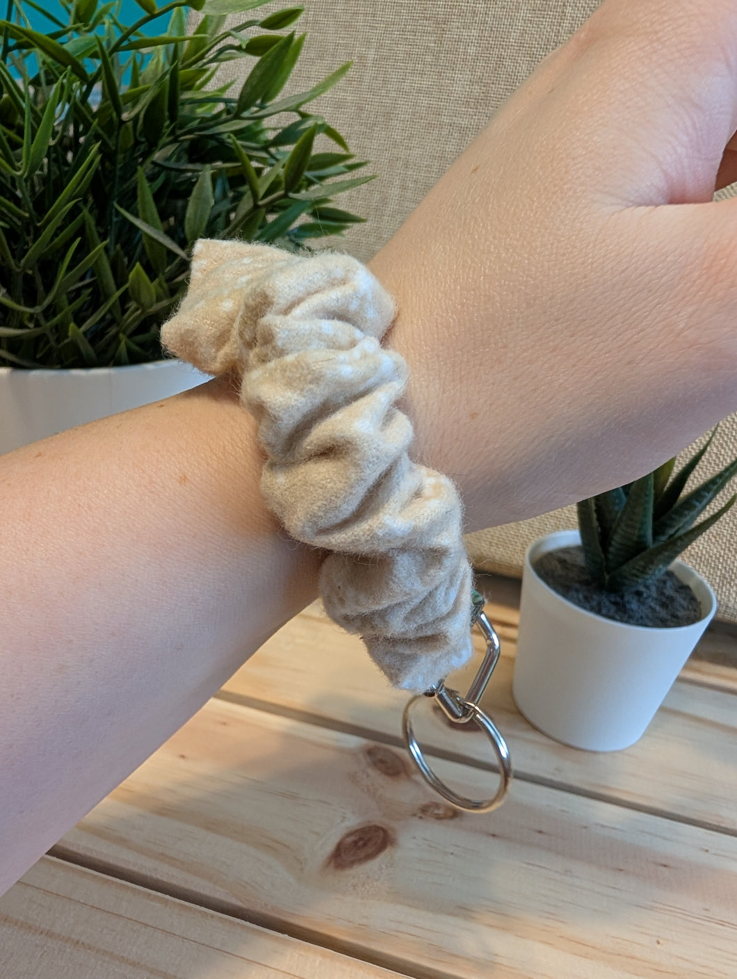 Beige Snowflake Key Chain Scrunchie